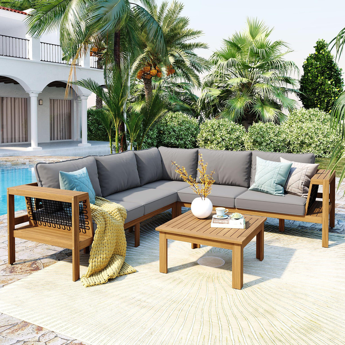 Merax 4 Pieces Patio Furniture Set, Outdoor L-Shaped Sectional Sofa Set with Coffee Table, Acacia Wood Conversation Seating & Thick Cushions and Side Table, for Garden, Poolside and Backyard, Gray Merax