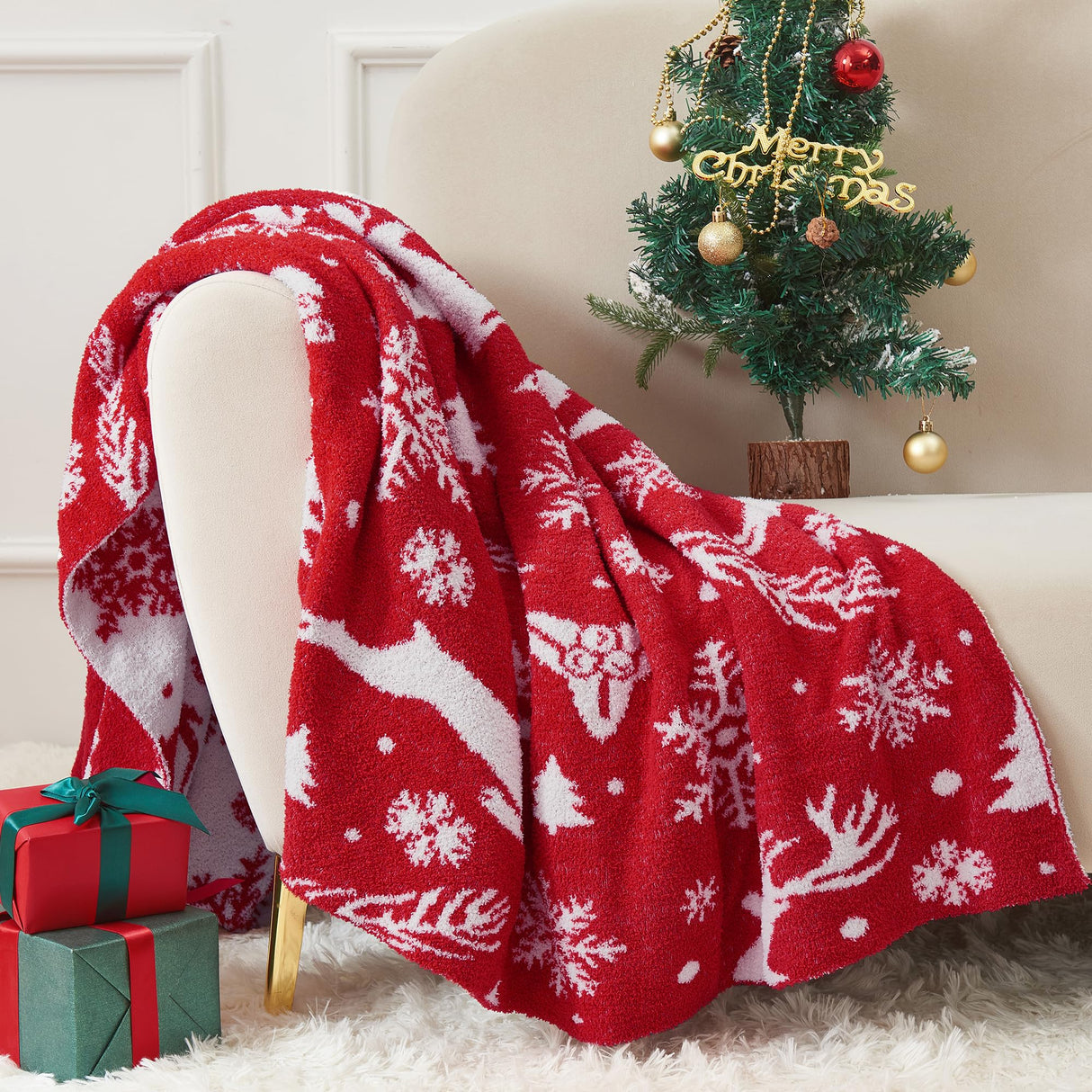 SeaRoomy Christmas Blanket, Ultra Soft Cozy Fuzzy Warm Reversible Knit Throw Blanket for Couch, Microfiber Lightweight Knitted Blanket Holiday Theme Home Christmas Decor (Reindeer, 51"×63") SeaRoomy