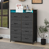 Welfuturer Fabric Dresser for Bedroom with LED Light and Charing Station Tall Dresser with 8 Drawers Black Dresser & Chest of Drawer for Closet Living Room Hallway Entryway Sturdy Steel Frame Wood Top Welfuturer