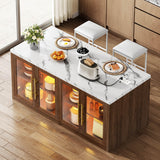 Homiflex Kitchen Island with Storage, 57" W Large Island Table with Seating/LED Light for Dining Room, Kitchen Carts on Wheels Breakfast Bar Table w/Power Outlet, Walnut Homiflex