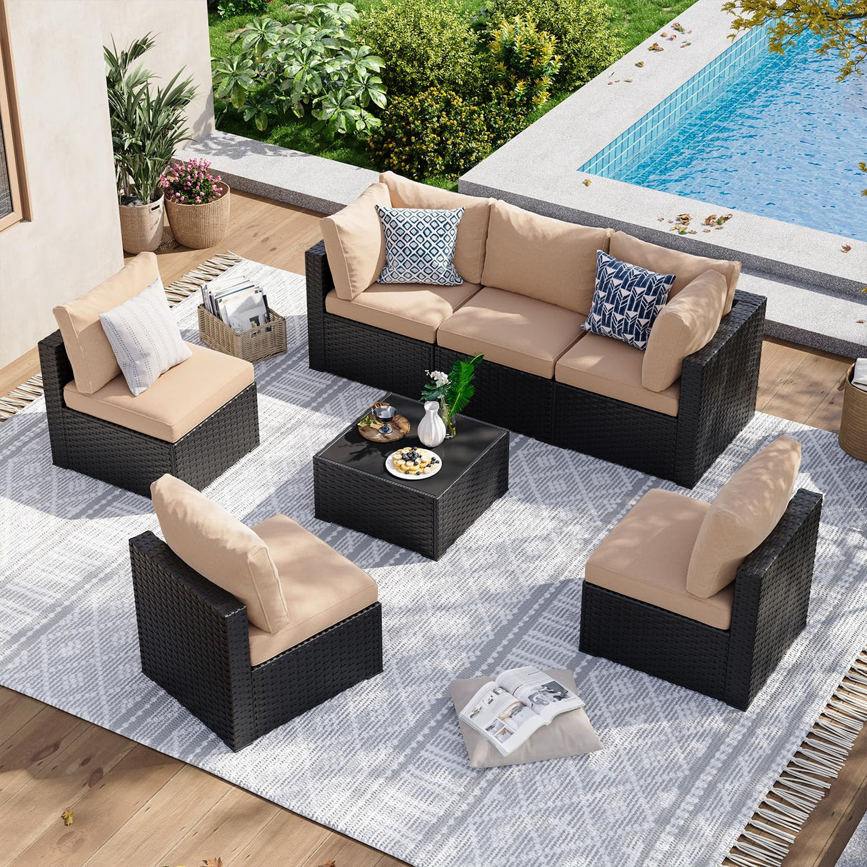 Aoxun 7 Piece Patio Furniture Set Rattan Rattan Patio Sectional Sofa Set Outdoor Seating Furniture with Thickened Cushion, Beige Aoxun