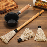 6 Pieces Iron Basting Pot and Brush for Grilling Barbecue Accessories 18 Inches Grill Basting Brush Wooden Long Handle BBQ Mop Brush for Sauce with Extra Replacement Heads and Saucepan for Grilling Nuogo