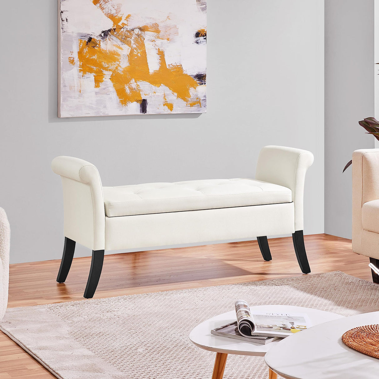 Yaheetech 52in Ottoman Bench Folding Storage Tufted Fabric Entryway with Arms Footstool Large Foot Rest Seat Rolled Cushioned Fresh White Yaheetech