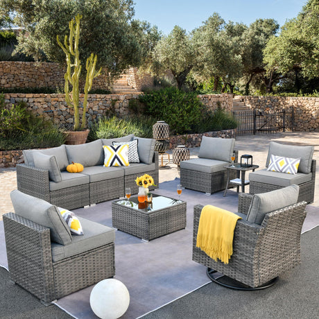ovios Outdoor 9 Piece Coversation Set with Swivel Rocking Chair,Sectional Patio Furniture Set with All-Weather Wicker Sofa,Modern Outside Couch for Balcony Backyard Pool, Dark Grey ovios