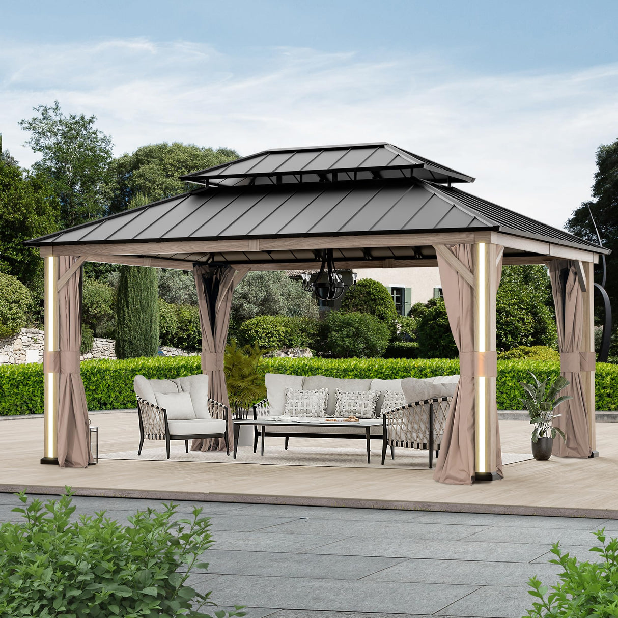 Modern Shade Hardtop Gazebo 12' x 16' with 4 LED Lights, Outdoor Gazebo with Double Roof, Aluminum Frame, Patio Pavilion with USB Charging Port Deck, Mosquito Netting and Curtains, Wood Looking Modern Shade Outdoor Living Spaces