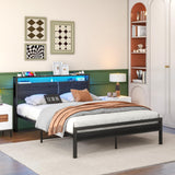 BOFENG Queen Metal Bed Frame with Storage Headboard, LED Lights & Charging Station BOFENG