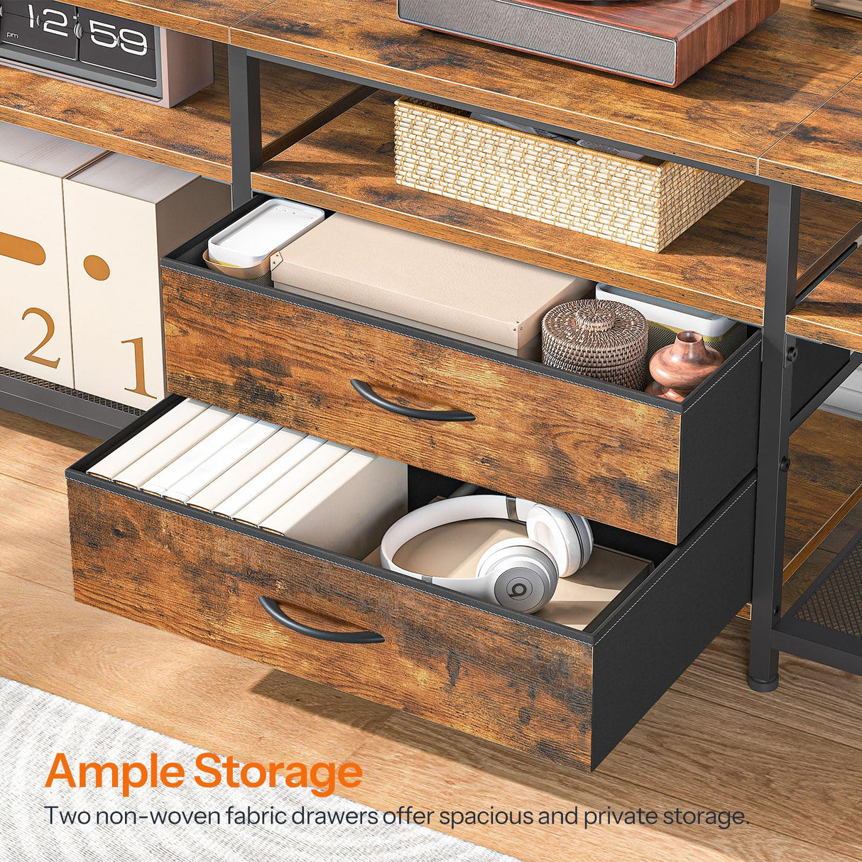 HOOBRO TV Stand with Power Outlet and LED Light, Entertainment Center for TVs Up to 65 Inch, Modern Media Console Table with 2 Non-Woven Drawers, for Living Room, Bedroom, Rustic Brown BF54UDDS01 HOOBRO