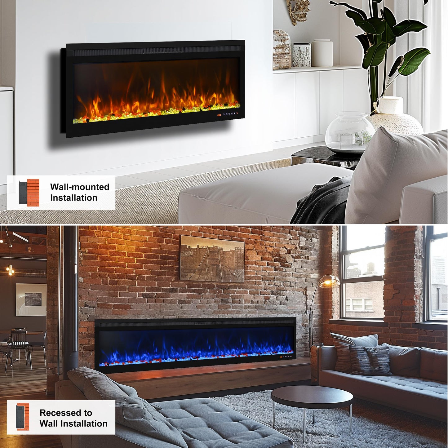 Oxhark Flame Linear Electric Fireplace 72 Inch, APP & Touch Screen & Remote Control, 13X13 Flame Color Combinations, Timer & Thermostat Fireplace Heater