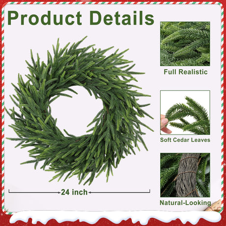 MDSTBN 24 Inch Pine Wreath Christmas Wreaths for Front Door, Real Touch Pine Wreath Large Artificial Green Wreaths for Walls Windows Porches Farmhouse Indoor Outdoor Home Decor MDSTBN