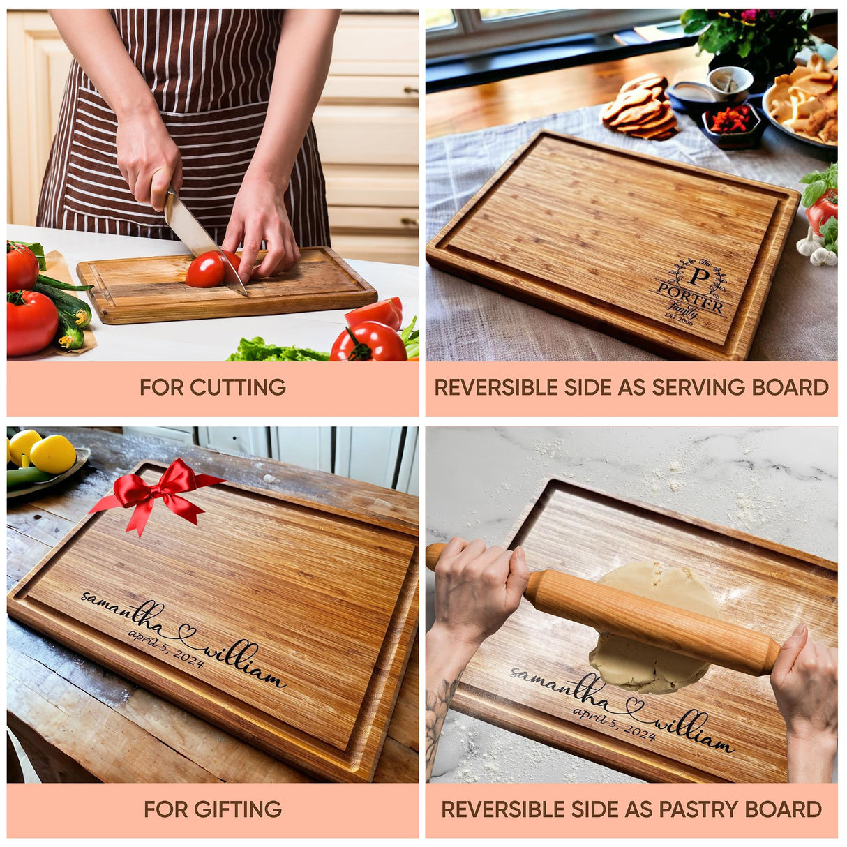 Handmade Personalized Cutting Board - Natural Bamboo Engraved Charcuterie Boards - Best Present for Wedding, Bridal Shower, Engagement, Birthday - Custom Engraved Chopping Block (Personalized) Taniri