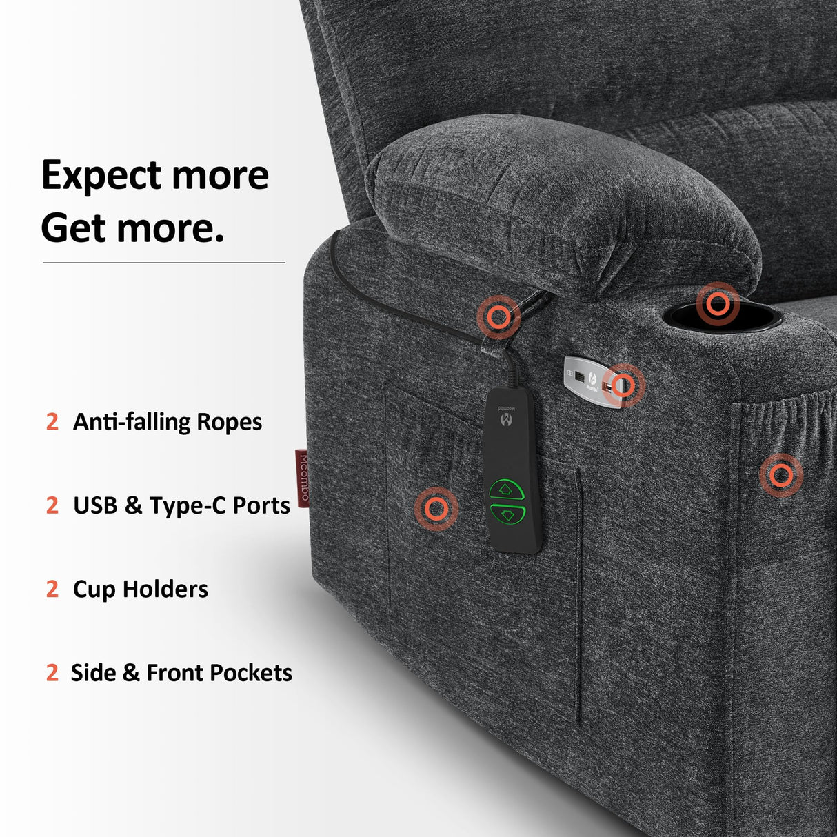 MCombo Power Lift Recliner Chair for Elderly, Lift Chair with Heat and Massage, USB &Type C Ports, Cup Holders, Fabric 7095 (Medium, Dark Grey) MCombo