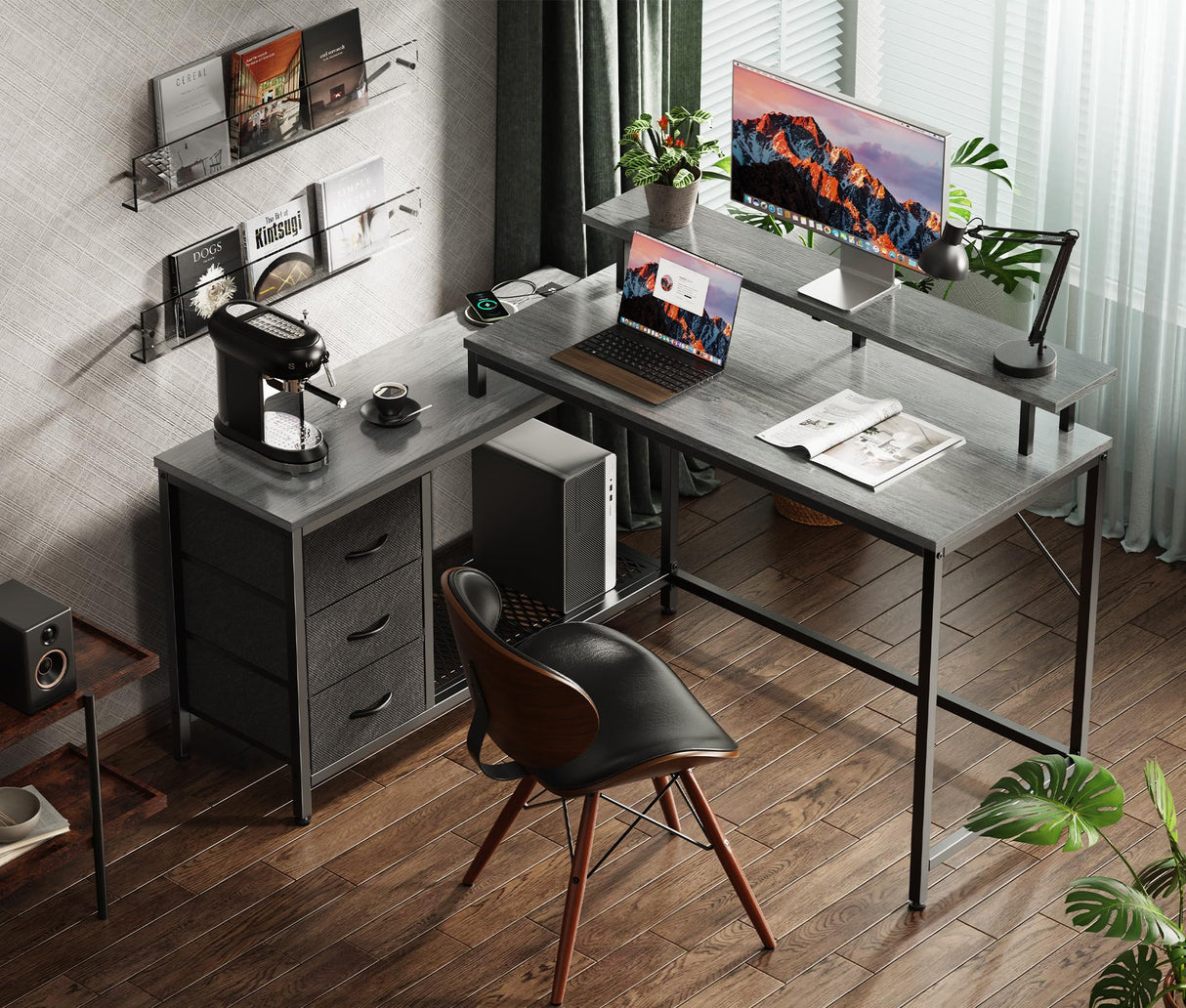 Huuger Reversible L Shaped Computer Desk with Drawers, Gaming Desk with LED Lights and Power Outlets, Office Desk with Storage Shelves, Corner Desk with Monitor Stand, for Home & Office, Gray Huuger