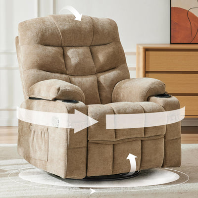 Hicosit Manual 360°Swivel Rocker Recliner Chair,Single Recliner Seat with Cup Holders,Recliner Chairs for Adults, Upholstered Fabric Lazy Boy Recliner for Bedroom,Living Room,Brown