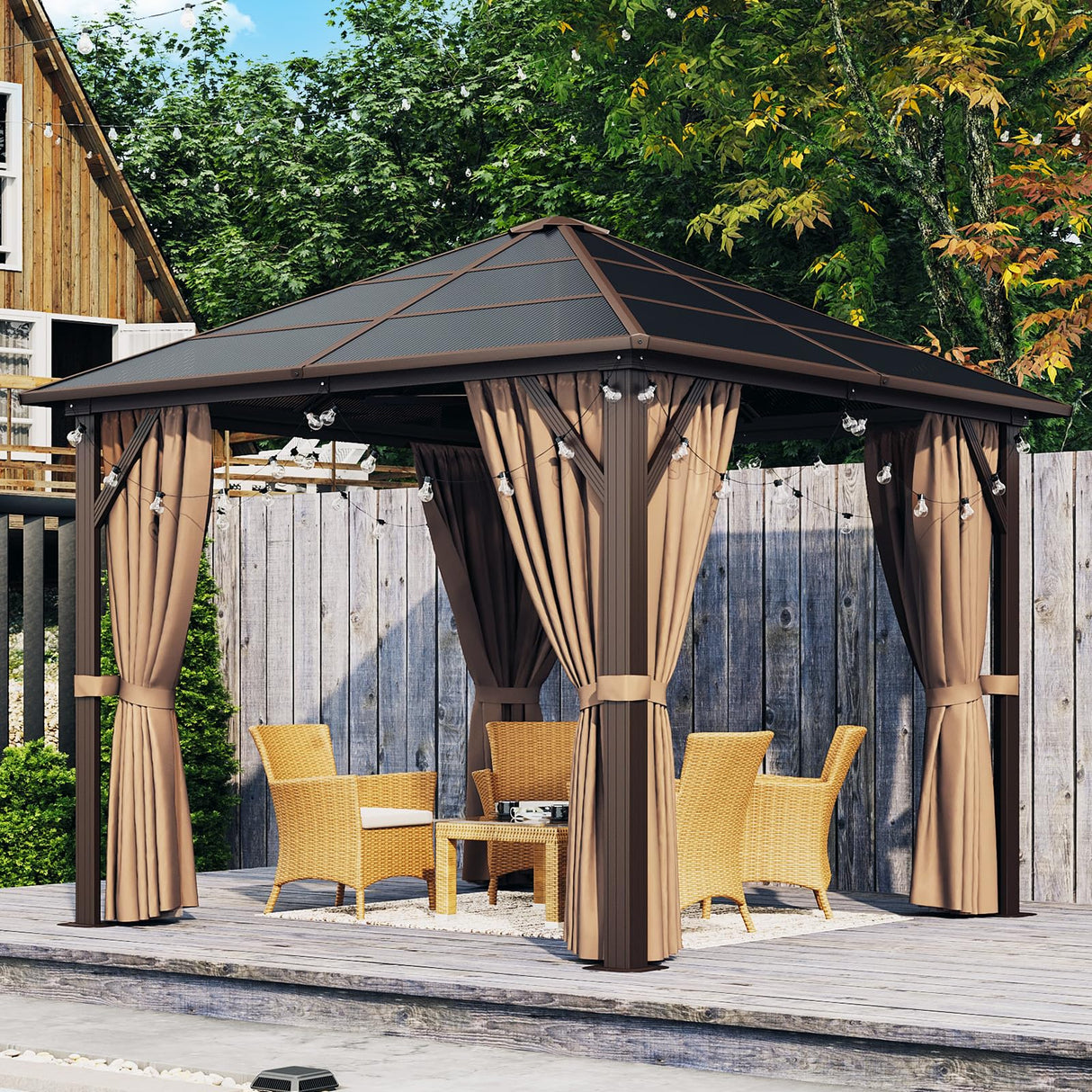 Aoxun 10' x 10' Gazebo Single Polycarbonate Top, Outdoor Polycarbonate Frame Permanent Pergolas with Curtains and Netting, for Patios, Parties, Backyards, Gardens and Lawns Aoxun