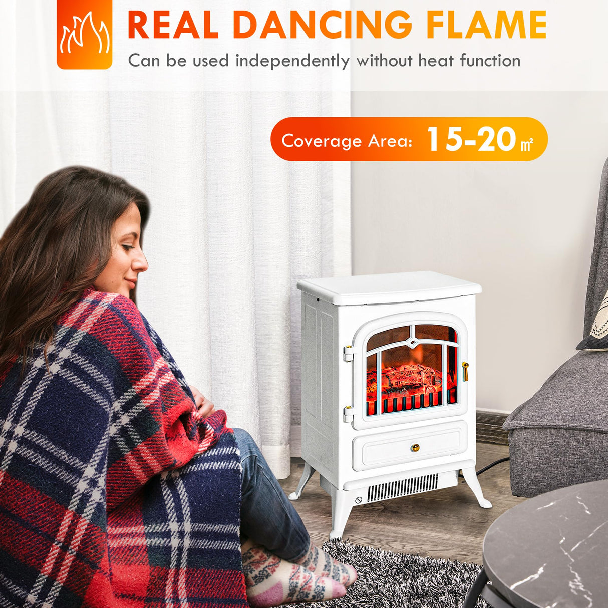 HOMCOM 22" Electric Fireplace Heater, Freestanding Fire Place Stove with Realistic LED Flames and Logs, and Overheating Protection, 750W/1500W, White HOMCOM