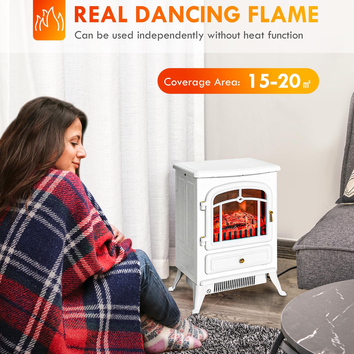 HOMCOM 22" Electric Fireplace Heater, Freestanding Fire Place Stove with Realistic LED Flames and Logs, and Overheating Protection, 750W/1500W, White - WoodArtSupply