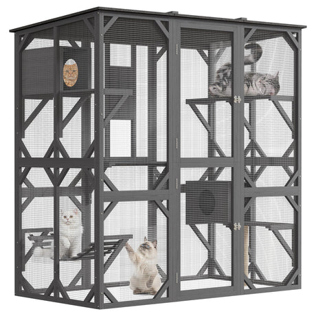 70'' Walk-in Catio with Window Access, Extra Large Outdoor Cat Enclosure for Multiple Cats, Waterproof Roof Cattery with Bridge and Scratching Post Outside Patio Cat Playpen Grey GarveeLife