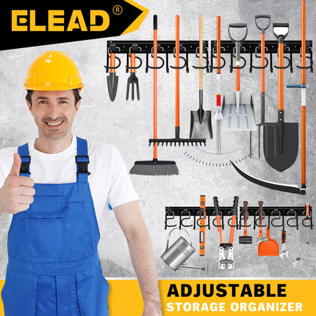 ELEAD 68'' All Metal Adjustable Garden Tool Organizer: Garage Tool Organizer Wall Mount with Black Garage Hooks, Garage Organizers and Storage, Tool Organizer for Broom Rake Holder Shovel ELEAD