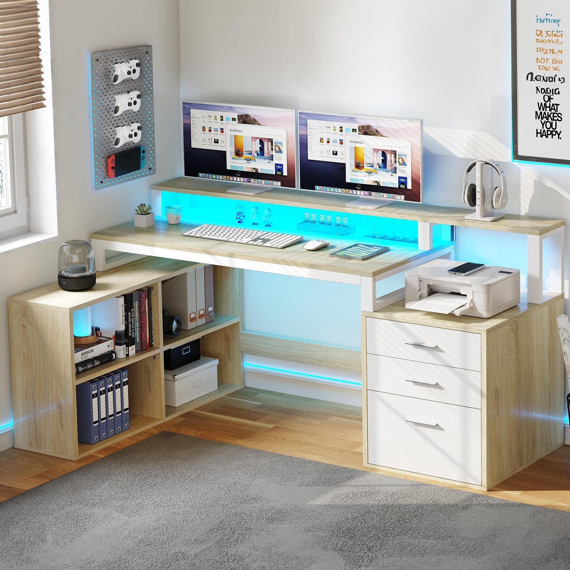 YITAHOME L Shaped Desk with 3 Drawers, 65" Corner Computer Desk with Power Outlets & LED Lights, L-Shaped Desk with File Cabinet & Printer Stand for Home Office, White & Oak - WoodArtSupply