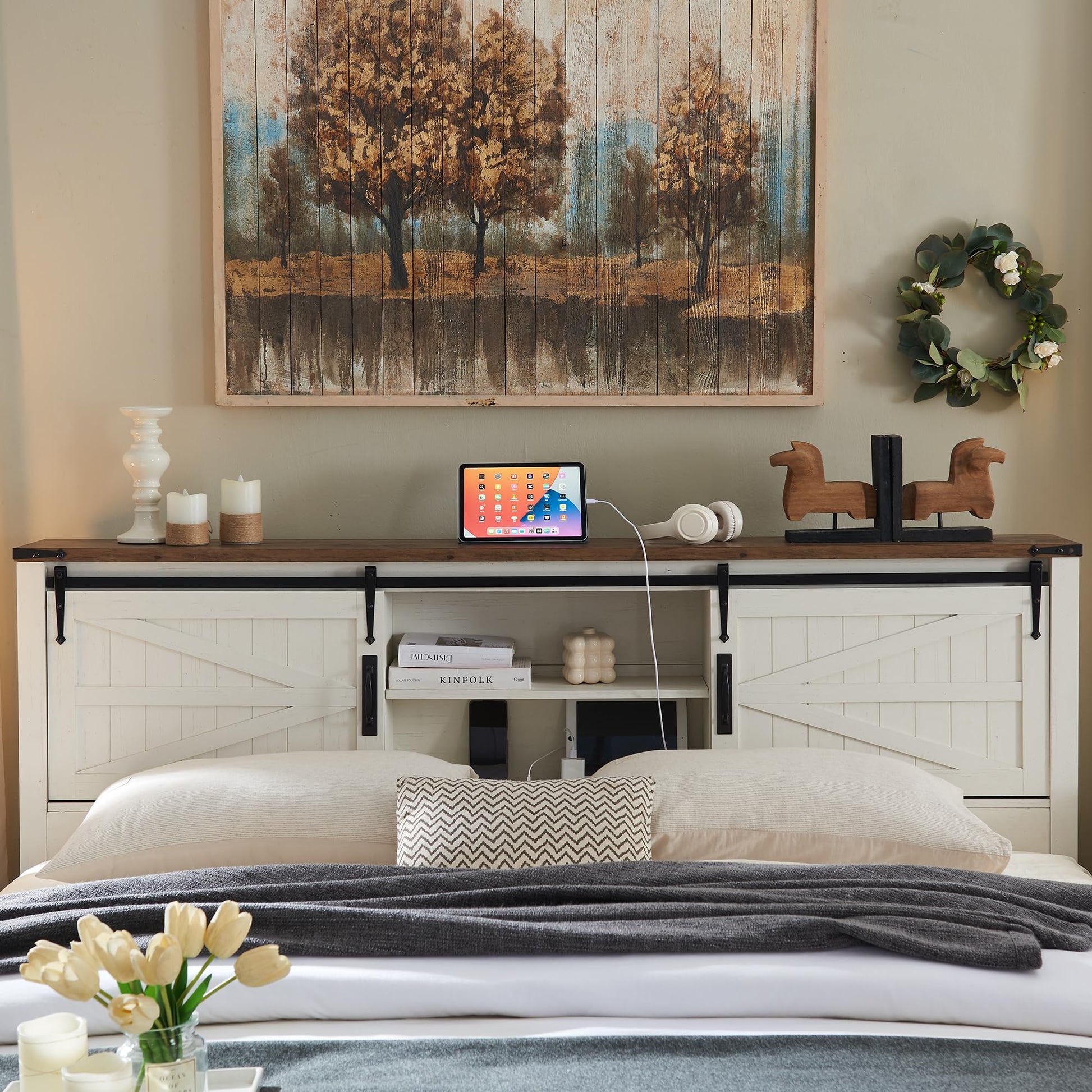 Farmhouse King Size Bed Frame with Stylish Storage Headboard and Charging Station in Antique White - WoodArtSupply