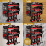 BUILTSTRONG Power Tool Organizer Wall Mount - 3-Tier Heavy-Duty Metal Hand Tool Storage Rack, Utility Racks, Drill Holder, PegBoard Side, & More - Garage Storage Cordless Tool Organizer (Red) BUILTSTRONG