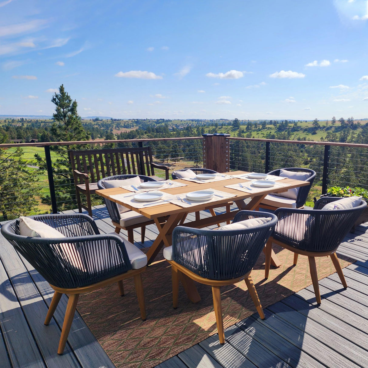 PURPLE LEAF 7 Pieces Patio Dining Set Wicker Outdoor Furniture Rectangular Table and Chairs Set for Garden Deck Teak-Finish Aluminum Frame Backyard Kitchen Set, Cushions and Pillows Included PURPLE LEAF