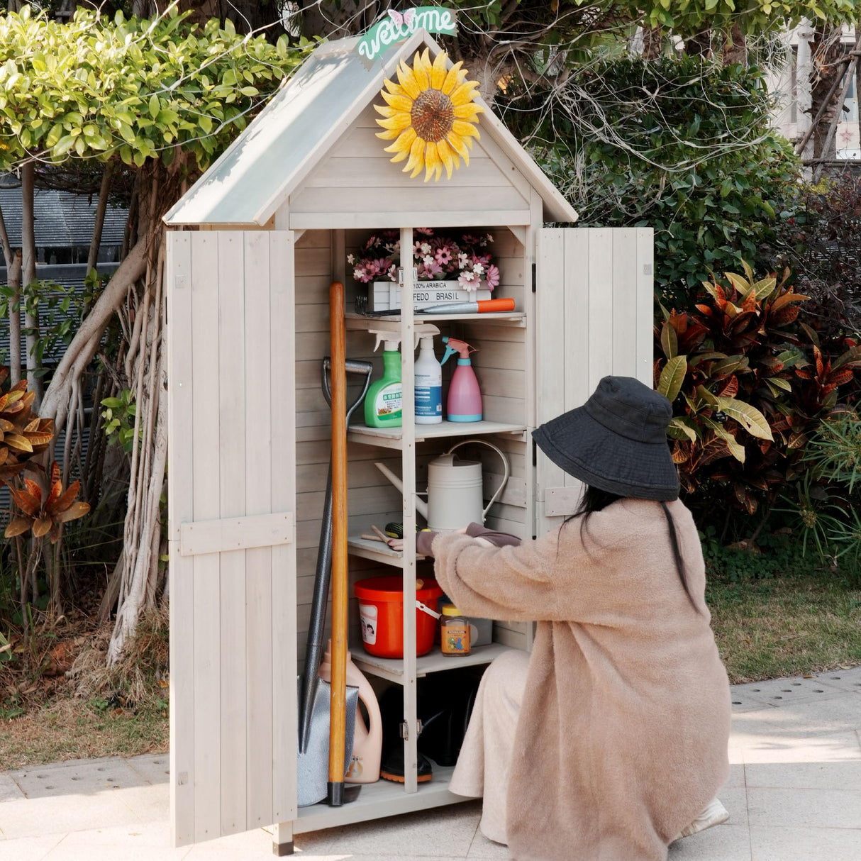 FTCBNet Outdoor Storage Cabinet with Sloping Waterproof Galvanized Sheet Roof 70" Wooden Garden Shed Lockable Tool Cabinet with 4 Removeable Shelves for Patio Backyard Lawn Yard (Gray) FTCBNet