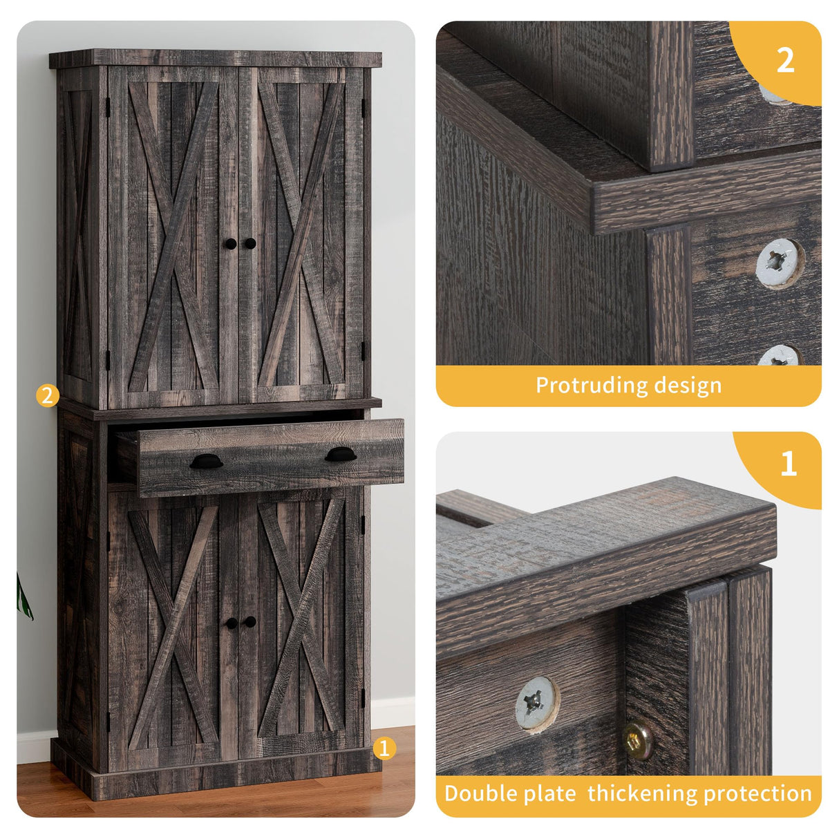 DWVO 72'' Farmhouse Kitchen Pantry, Rustic Wood Kitchen Storage Cabinets with Adjustable Shelves & Drawer, Tall Freestanding Cupboard for Dining Room, Living Room, Dark Gray DWVO