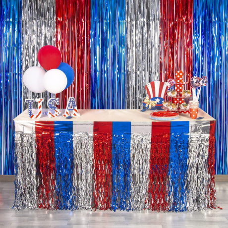 LOLStar 4th of July Decorations,2 Pack Red White and Blue Wavy Metallic Tinsel Foil Fringe Table Skirt for Rectangle and Round Tables, Perfect Table Decorations for Memorial Day,Labor Day,Veterans Day LOLStar