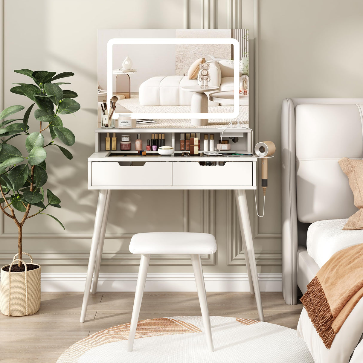 Fameill Small Makeup Vanity Desk Lighted Mirror&Stool,Vanity Table Set with Storage Drawer & Chair,White Vanity for Girls with Power Strip,Vanity Table for Bedroom,White Fameill