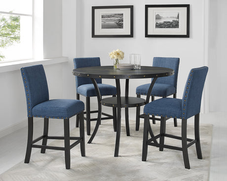 Roundhill Furniture Collection Biony Espresso Wood Counter Height Dining Set with Blue Fabric Nailhead Stools, Roundhill Furniture