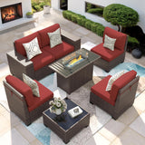 VONZOY 7 Piece Patio Furniture Set with Fire Pit Table, Outdoor Conversation Sets Wicker Rattan Sectional Sofa with Coffee Table, 4'' Thickened Cushion Wine Red (Include Waterproof Cover) VONZOY