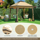 Yaheetech 11x11 Pop Up Gazebo Outdoor Canopy Shelter, Instant Patio Gazebo Sun Shade Canopy Tent with 4 Sandbags, Double Tiers & Mesh Netting for Lawn, Garden, Backyard & Deck, Khaki Yaheetech