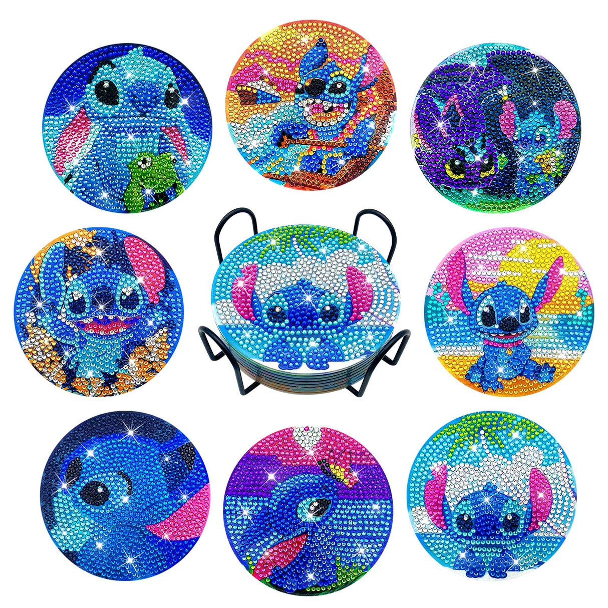 FILASLFT 8 Pcs Diamond Painting Coasters with Holder, Beginners DIY Diamond Art Coasters Crafts for Adults,Small Diamond Painting Kits Circular Coaster Suitable for Gifts and Office Home FILASLFT