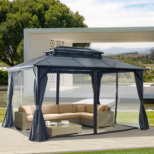 Zolyndo 10x13ft Outdoor Hardtop Gazebo with Netting and Curtains, Heavy-Duty Galvanized Aluminum Frame Gazebo with 2-Tier Waterproof Polycarbonate Roof for Patio, Backyard, Deck and Lawns, Black