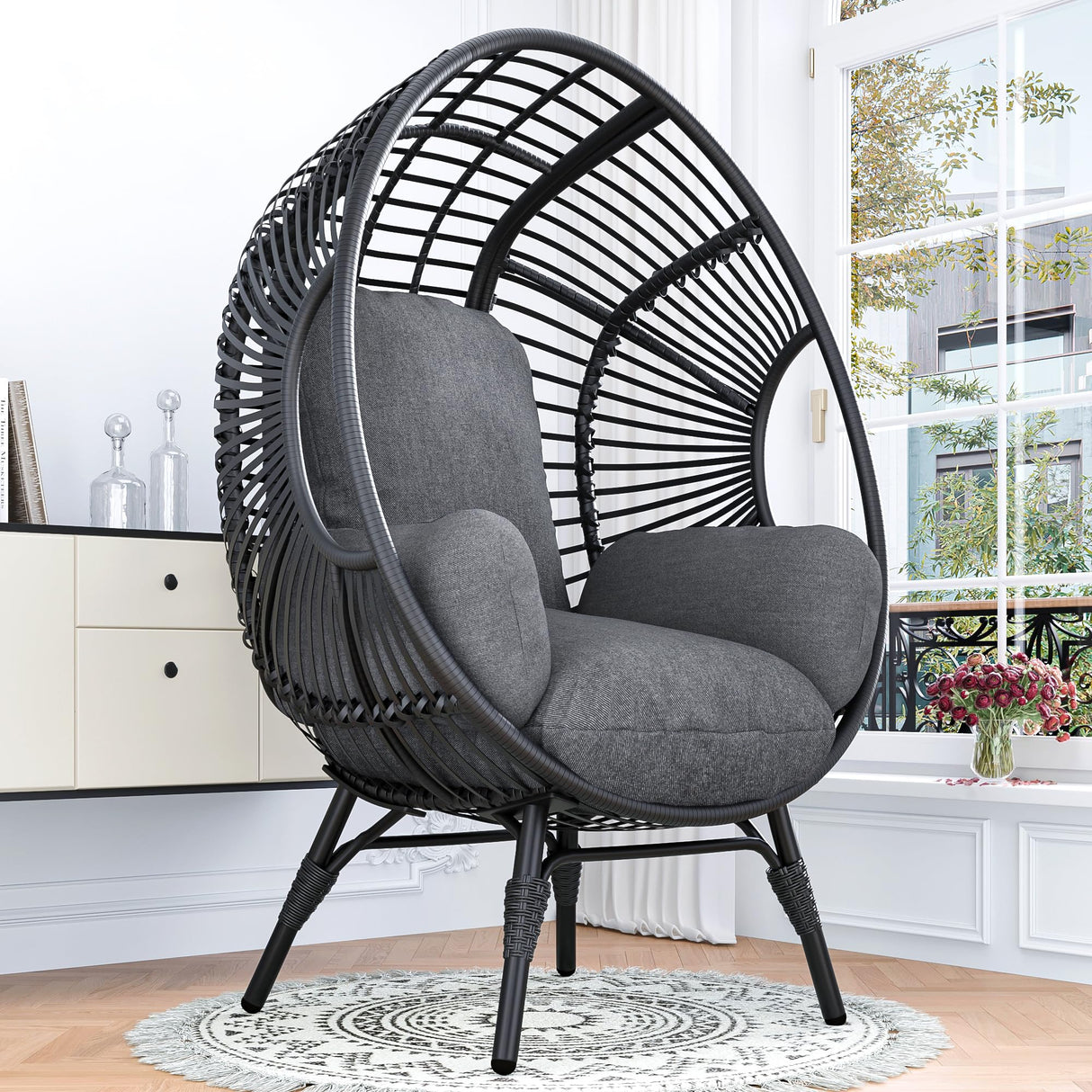 TQKVIPI Oversized Wicker Egg Chair, Outdoor Indoor Rattan Patio Egg Lounge Chairs with Cushion 500lbs Capacity for Living Room, Balcony, Backyard(Black) TQKVIPI