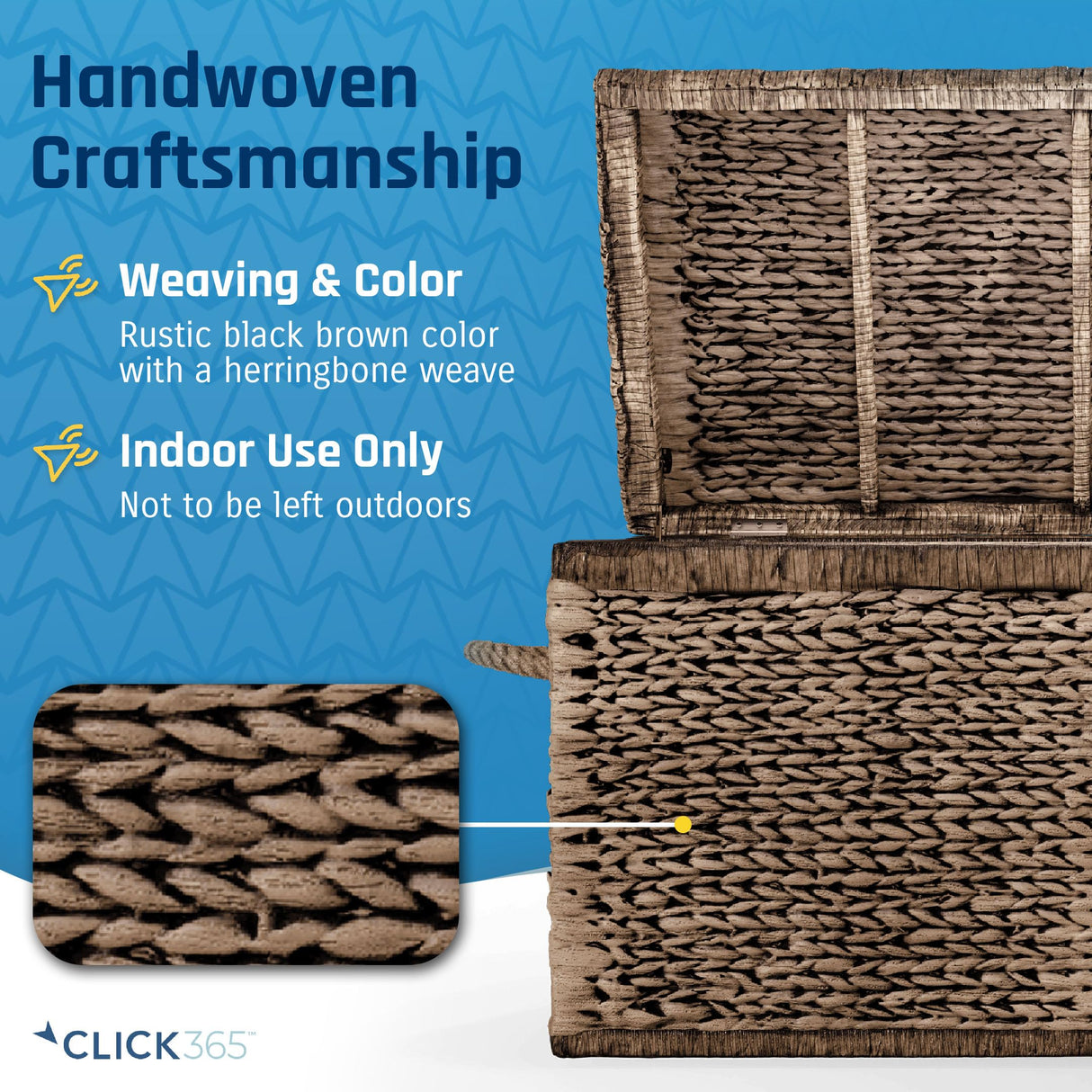 Click365 Storage Trunk, Farmhouse Style, Extra Large (33”), Deep, Woven Wicker Chest With Metal Frame, 2 Handles, Flip Top Lid and Stay Open Safety Hinges, Sustainable Eco Material, Rustic Brown ClickDecor