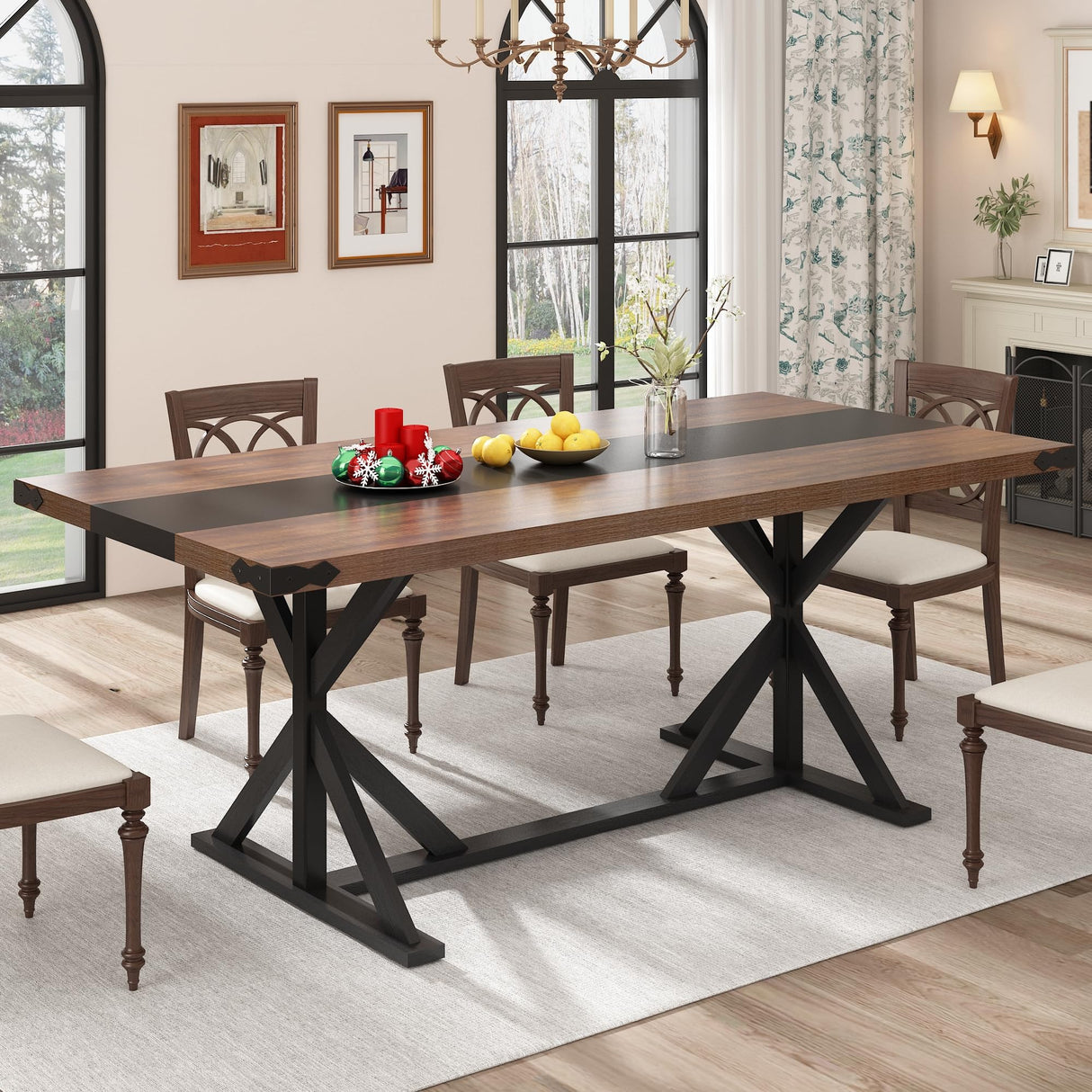 Hlivelood 71 Inch Dining Table for 6 People, Rectangular Kitchen Farmhouse Table W/Thickness Waterproof Wood Tabletop,Long Dining Room Tables W/Wood Strip Base for Kitchen Living Room(Brown&Black) Hlivelood