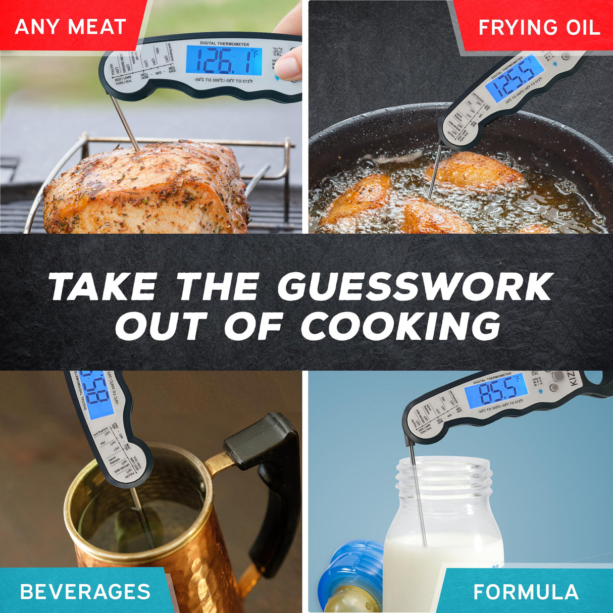 KIZEN Instant Read Meat Thermometer Digital - Food Thermometer for Cooking, Grill, Oven, BBQ - Waterproof and Backlit Display KIZEN