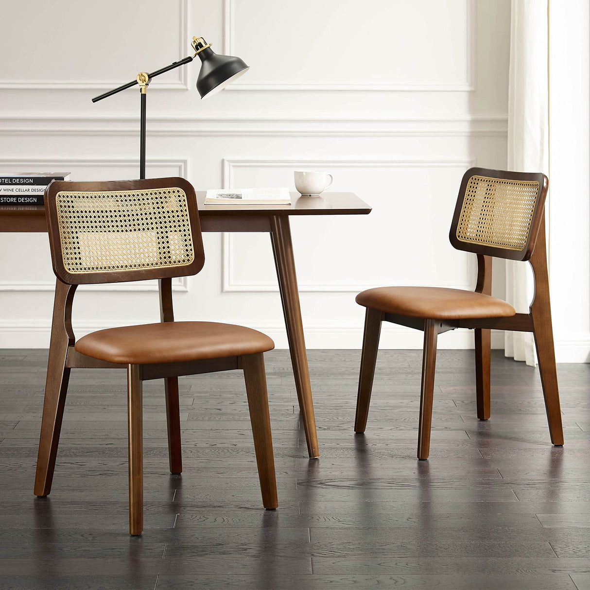 Art Leon Ash Wood Rattan Dining Chairs Set of 2, Genuine Leather Kitchen Chairs, Mid Century Modern Dining Room Chairs with Rattan Back, Armless Side Chairs with Walnut Wood Frame, Brown Art Leon