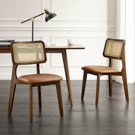 Art Leon Ash Wood Rattan Dining Chairs Set of 2, Genuine Leather Kitchen Chairs, Mid Century Modern Dining Room Chairs with Rattan Back, Armless Side Chairs with Walnut Wood Frame, Brown Art Leon