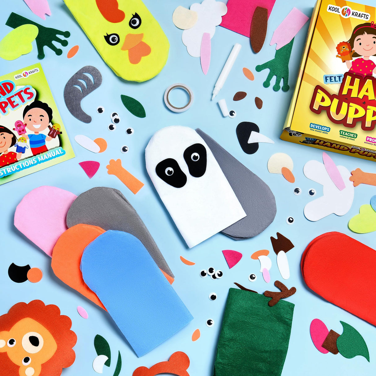 Hand Puppet Kit - Make Your Own Animal Puppets - 10 Felt Puppets - Simple Step By Step Instructions - Art Craft, Role Play, Storytelling - Puppets for kids, Children's Art & Craft Birthday Gifts Ideas KOOL KRAFTS