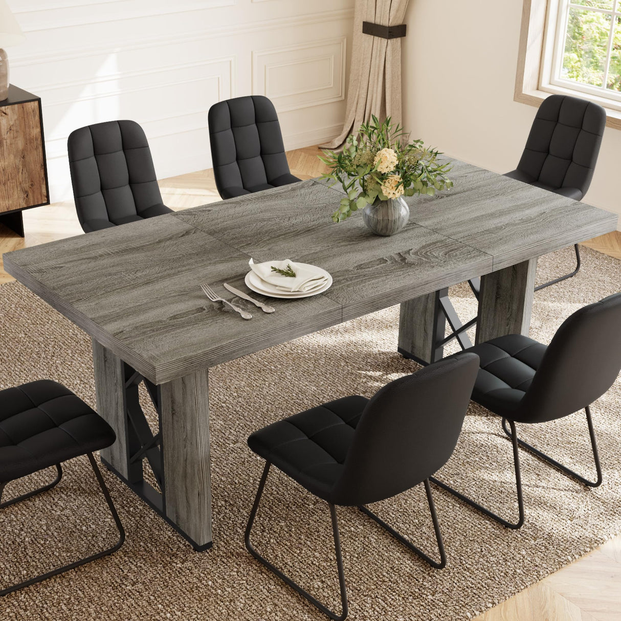 HIPIHOM 7-Piece Dining Table Set for 6-8 People, 70.8" MDF Kitchen Table with 6 Upholstered Chairs, Space-Saving for Dining Room, Breakfast Nook(Grey Table+6 U-Shaped Black Chairs) HIPIHOM