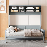 Linique Queen Size Murphy Bed with Sofa and Top Shelf, Horizontal Wall Bed, Versatile Convertible Wooden Bed Frame, Grey Linique