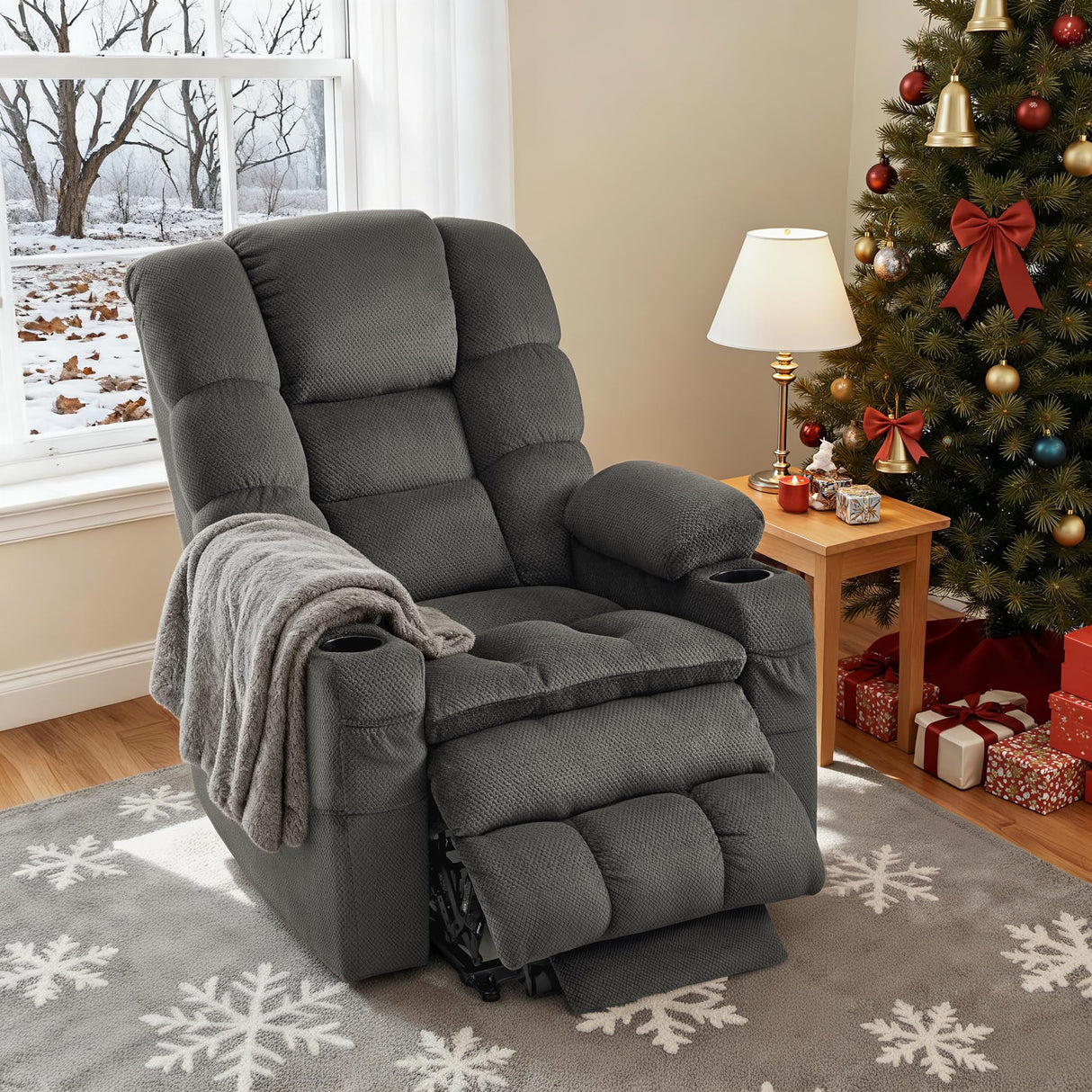 MCombo Large Triple Motor Power Lift Recliner Chair with Massage and Dual Heating, Adjustable Headrest for Tall Elderly People, Fabric 7634 (Grey, Large) MCombo