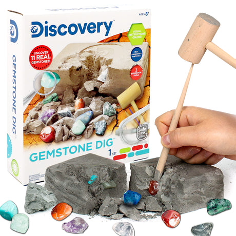 Discovery Kids Gemstone Dig Stem Science Kit by Horizon Group Usa, Excavate, Dig & Reveal 11 Real Gemstones, Includes Goggles, Excavation Tools, Streak Plate, Magnifying Glass & More Discovery Kids