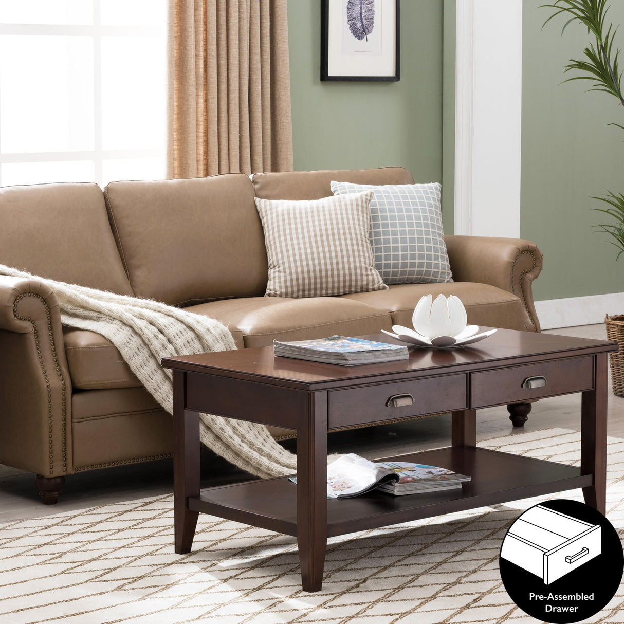 Leick Home 10504 Laurent Two Drawer Coffee Table with Shelf, Chocolate Cherry Leick Home