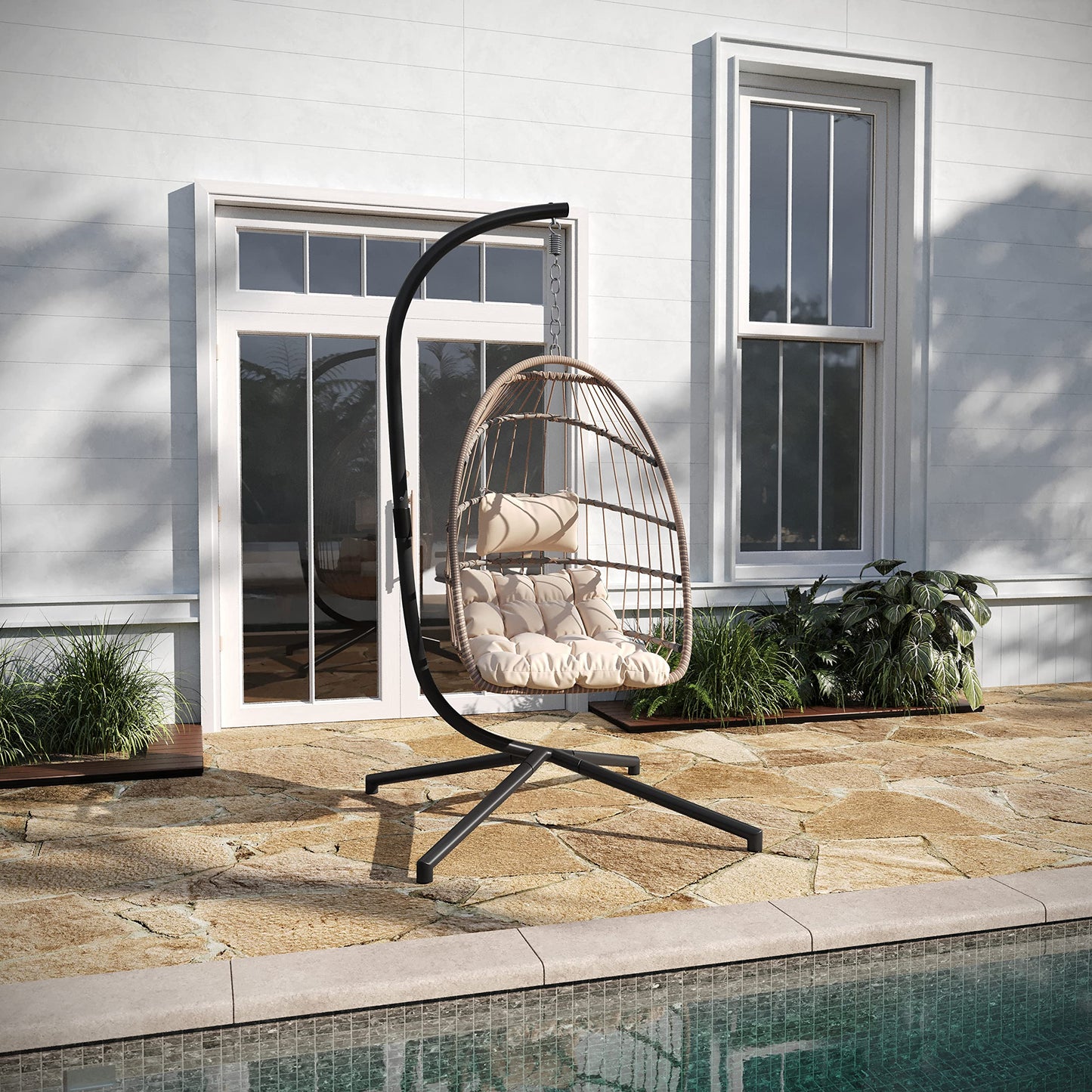 Taylor & Logan Corbin Natural Patio Hanging Wicker Egg Chair with Cream Plush Seat Cushions & Swing Stand for Indoor/Outdoor Use - WoodArtSupply