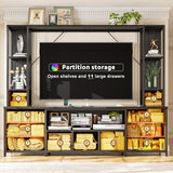 65" TV Stands for Living Room, Large Wall Unit Entertainment Center with 11 Fabric Drawer,Dresser TV Stand with 2 LED Lights & Power Outlets,TV Stand for Bedroom with Storage Shelf,Black EnHomee