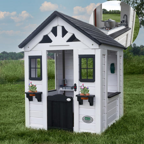 Backyard Discovery Sweetwater All Cedar White Modern Outdoor Wooden Playhouse, Cottage, Sink, Stove, Windows, Kitchen with Pot and Pans and Utensils, Flowerpot Holders, Working Doorbell, Ages 2-6 Backyard Discovery
